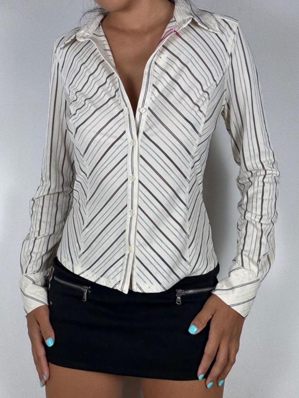 Y2K express black & white diagonal striped button up blouse - Picture 2 of 3